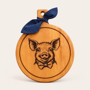 Tábua decorativa redonda de madeira com porquinho gravado a laser e laço azul