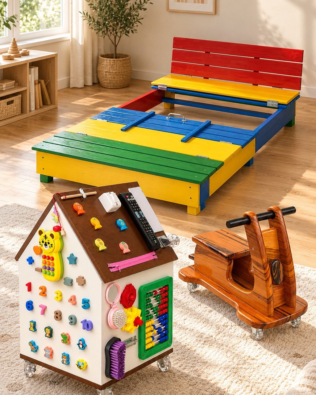 Casinha de atividades, caixa de areia com tampa que vira banco e mini-lambreta de madeira em um quarto infantil